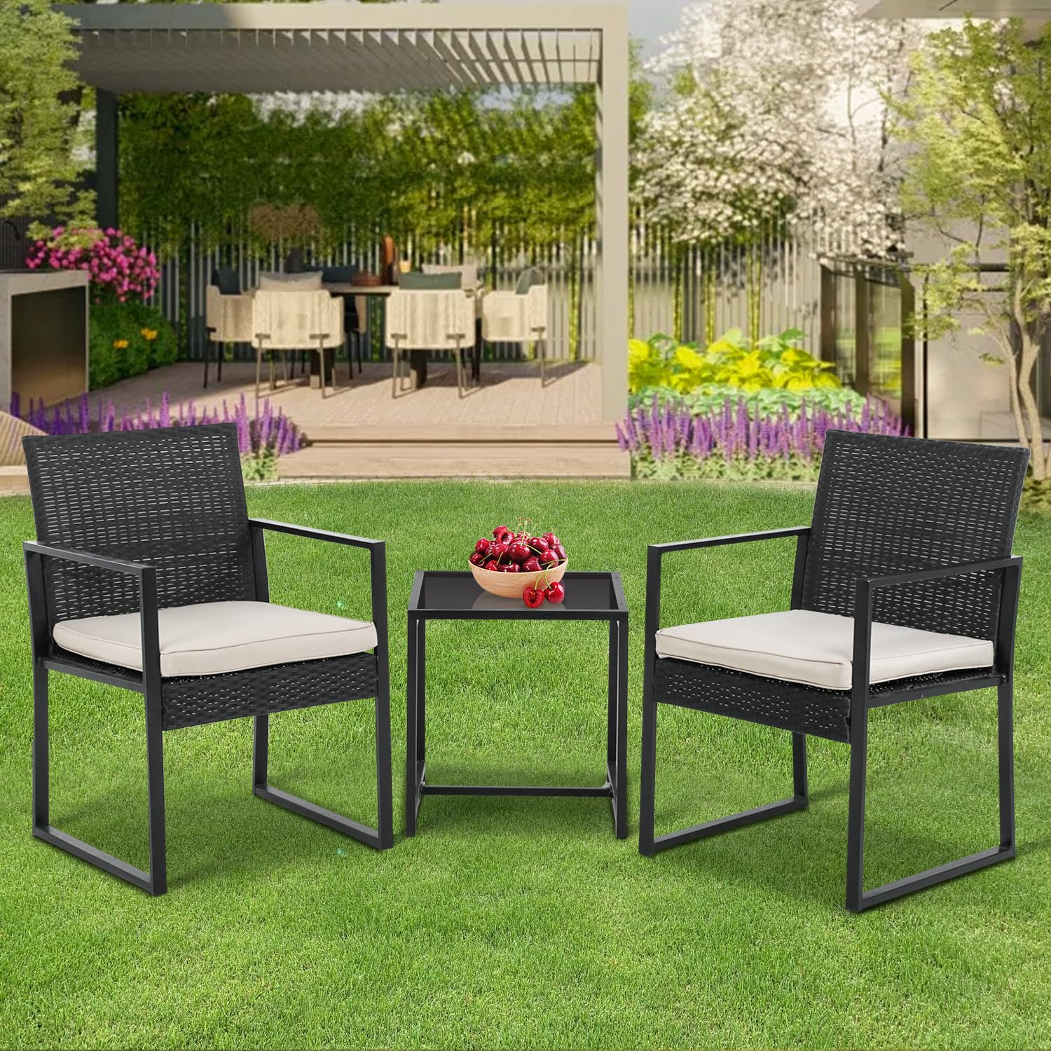 Paylesshere 3-Piece Rattan Wicker Bistro Set Outdoor Conversation Set Sturdy Frame Wicker Furniture With 2 Chairs Cushions Tempered Glass Table For Poolside Balcony Patio Bar Garden (Khaki)